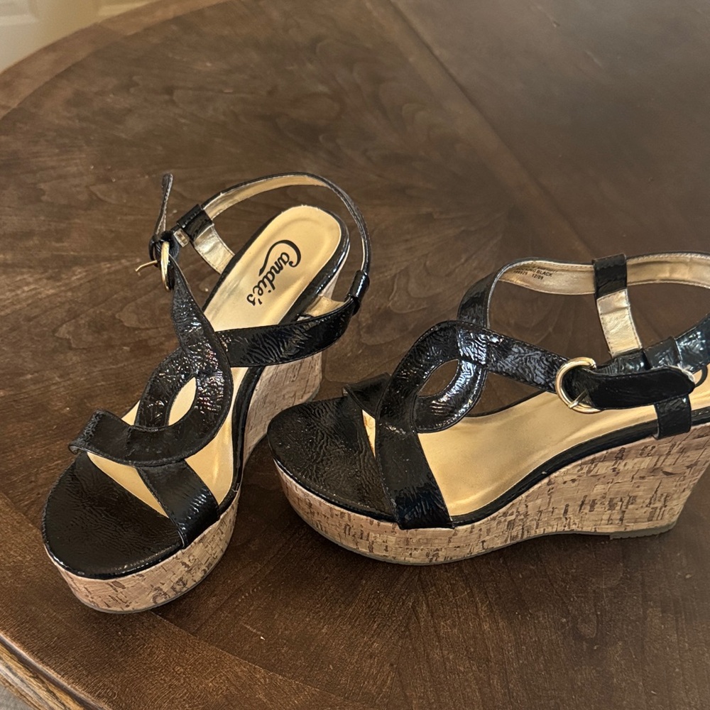 Candie's Black Patent Cork Wedge Sandals